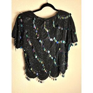 Vintage Shomax Black Sequin Beaded Party Blouse Short Sleeve Scalloped Small Top